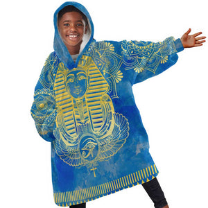 Personalized Egyptian Pharaoh KId Wearable Blanket Hoodie with Mandala and Eye of Horus in Blue