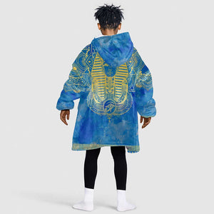 Personalized Egyptian Pharaoh KId Wearable Blanket Hoodie with Mandala and Eye of Horus in Blue