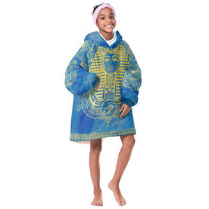 Personalized Egyptian Pharaoh KId Wearable Blanket Hoodie with Mandala and Eye of Horus in Blue