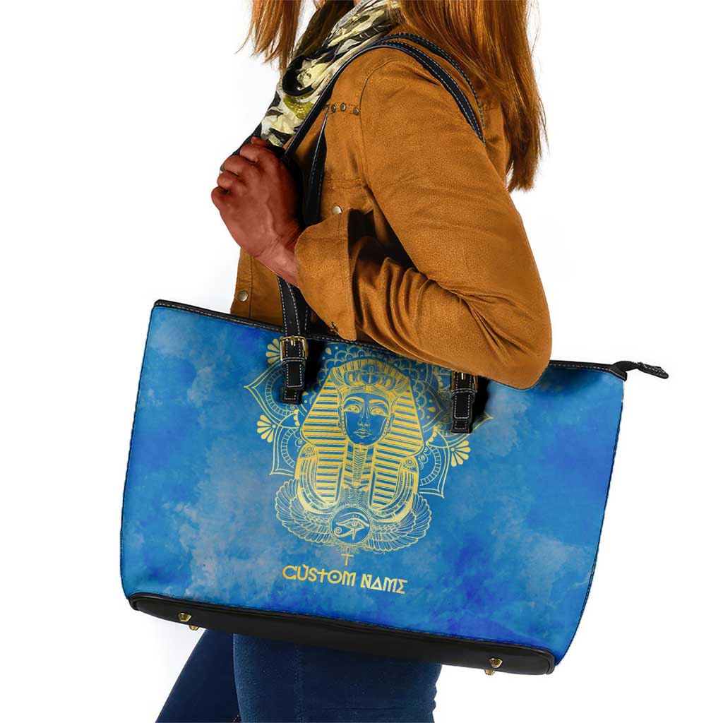 Personalized Egyptian Pharaoh Leather Tote Bag with Mandala and Eye of Horus in Blue