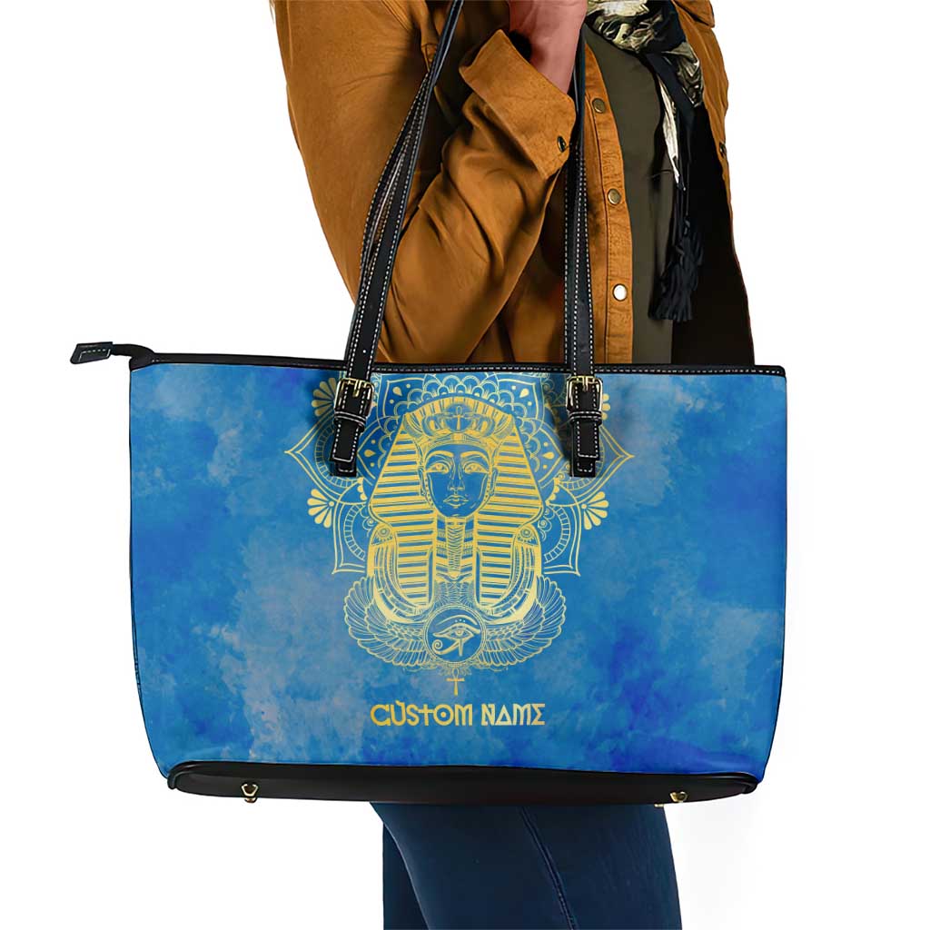 Personalized Egyptian Pharaoh Leather Tote Bag with Mandala and Eye of Horus in Blue