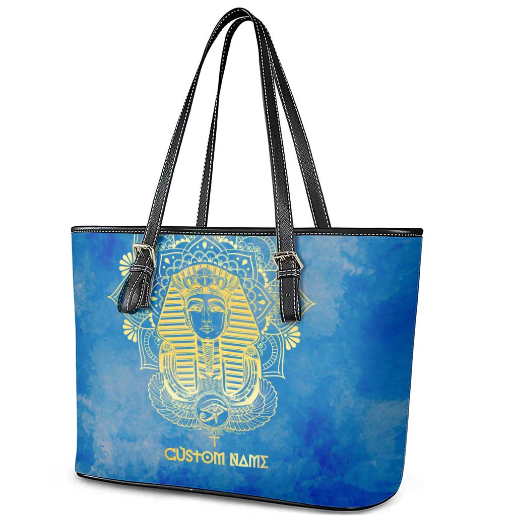 Personalized Egyptian Pharaoh Leather Tote Bag with Mandala and Eye of Horus in Blue
