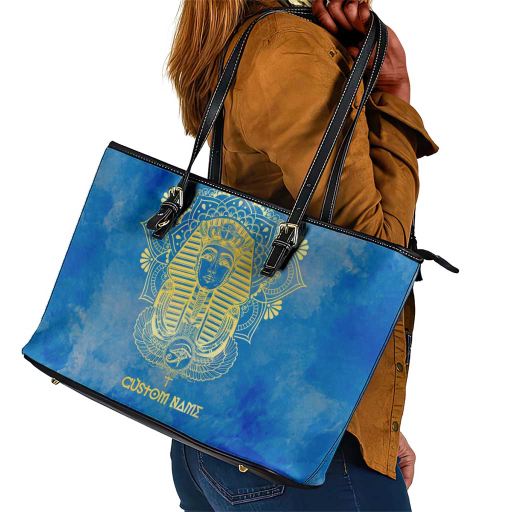 Personalized Egyptian Pharaoh Leather Tote Bag with Mandala and Eye of Horus in Blue
