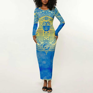 Personalized Egyptian Pharaoh Long Sleeve Bodycon Dress with Mandala and Eye of Horus in Blue