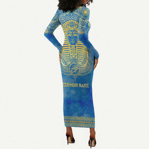 Personalized Egyptian Pharaoh Long Sleeve Bodycon Dress with Mandala and Eye of Horus in Blue