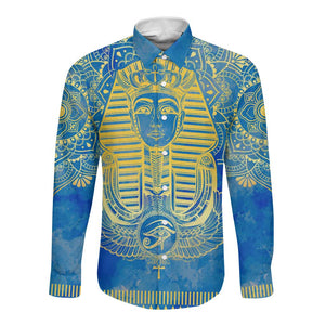 Personalized Egyptian Pharaoh Long Sleeve Button Shirt with Mandala and Eye of Horus in Blue