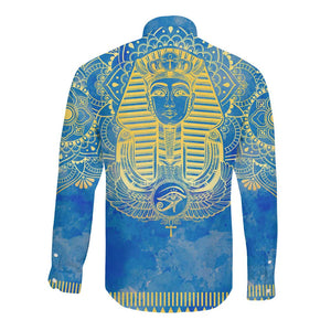 Personalized Egyptian Pharaoh Long Sleeve Button Shirt with Mandala and Eye of Horus in Blue