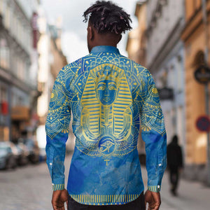 Personalized Egyptian Pharaoh Long Sleeve Button Shirt with Mandala and Eye of Horus in Blue