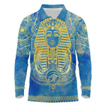 Personalized Egyptian Pharaoh Long Sleeve Polo Shirt with Mandala and Eye of Horus in Blue