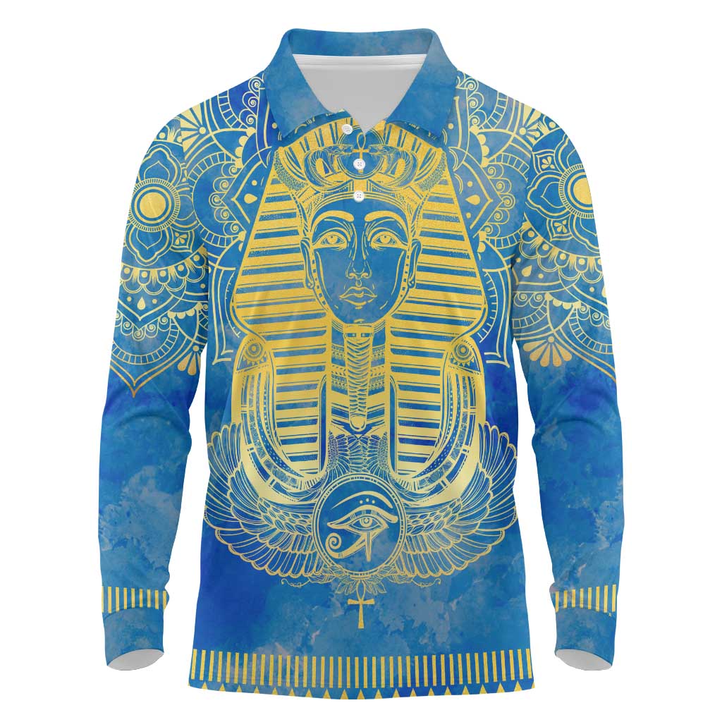 Personalized Egyptian Pharaoh Long Sleeve Polo Shirt with Mandala and Eye of Horus in Blue