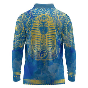 Personalized Egyptian Pharaoh Long Sleeve Polo Shirt with Mandala and Eye of Horus in Blue