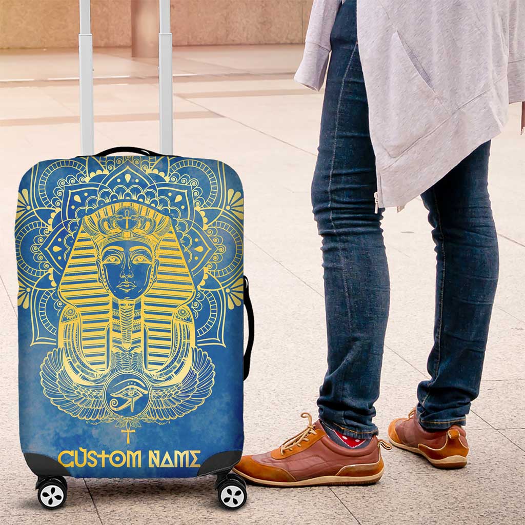 Personalized Egyptian Pharaoh Luggage Cover with Mandala and Eye of Horus in Blue