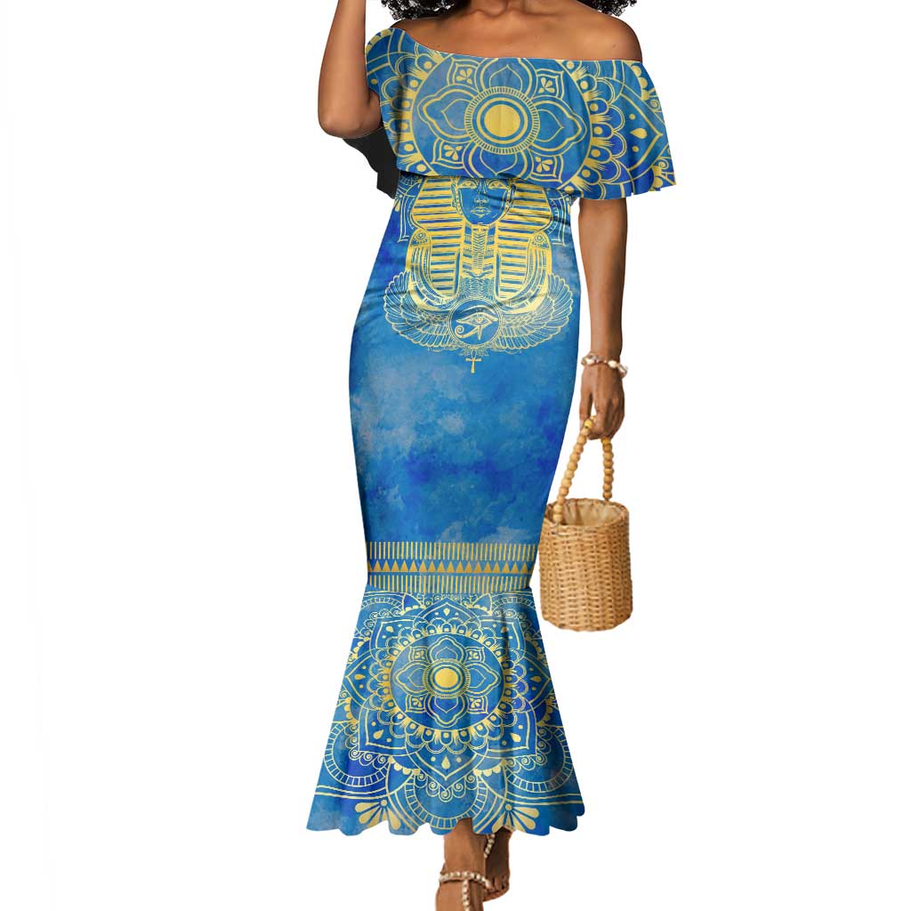 Personalized Egyptian Pharaoh Mermaid Dress with Mandala and Eye of Horus in Blue