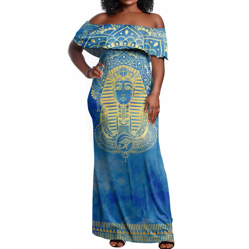 Personalized Egyptian Pharaoh Off Shoulder Maxi Dress with Mandala and Eye of Horus in Blue