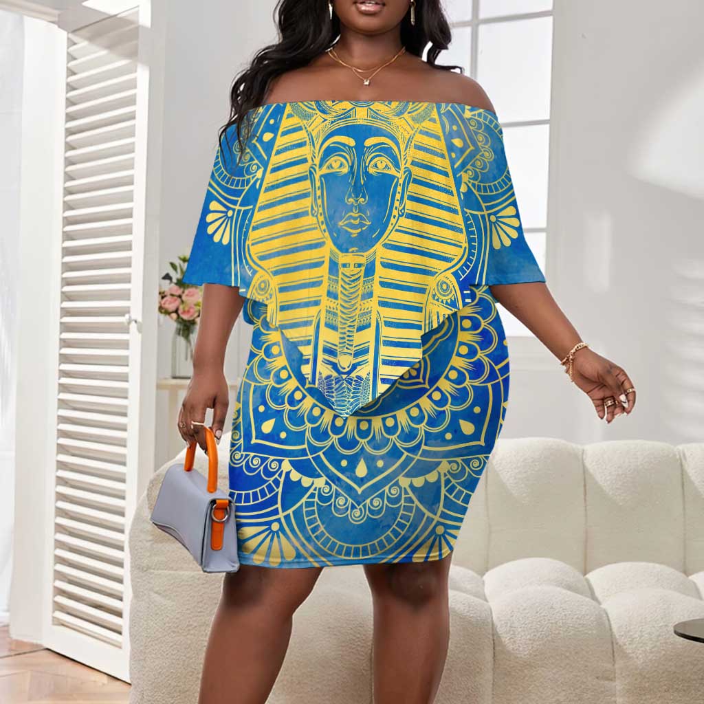 Personalized Egyptian Pharaoh Off Shoulder Short Dress with Mandala and Eye of Horus in Blue