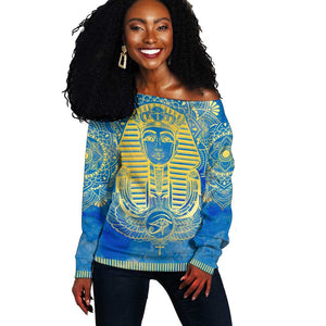 Personalized Egyptian Pharaoh Off Shoulder Sweater with Mandala and Eye of Horus in Blue