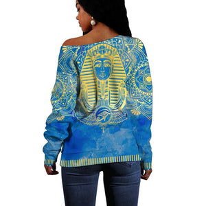 Personalized Egyptian Pharaoh Off Shoulder Sweater with Mandala and Eye of Horus in Blue