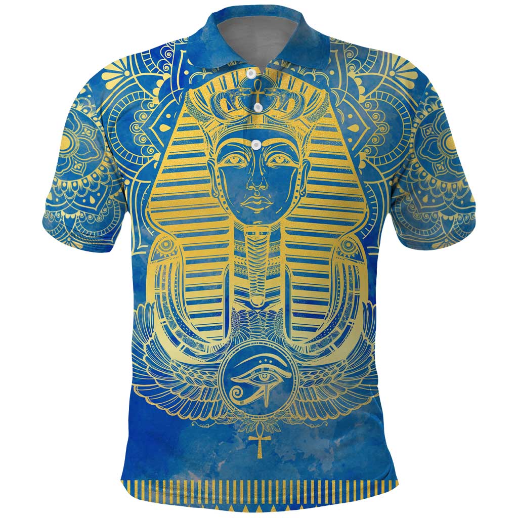 Personalized Egyptian Pharaoh Polo Shirt with Mandala and Eye of Horus in Blue