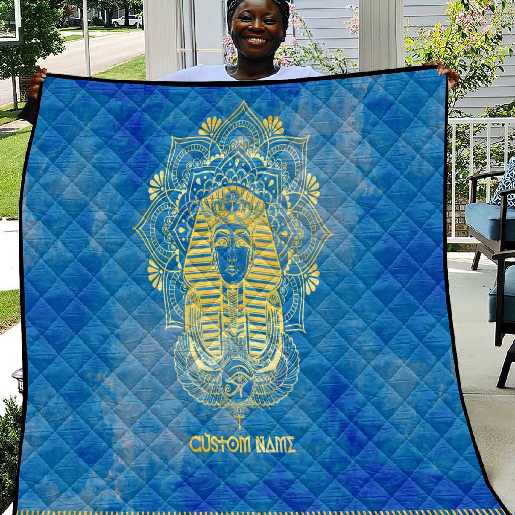 Personalized Egyptian Pharaoh Quilt with Mandala and Eye of Horus in Blue