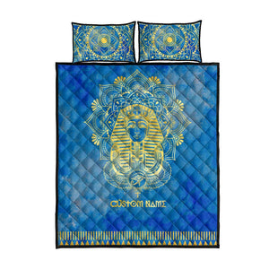 Personalized Egyptian Pharaoh Quilt Bed Set with Mandala and Eye of Horus in Blue