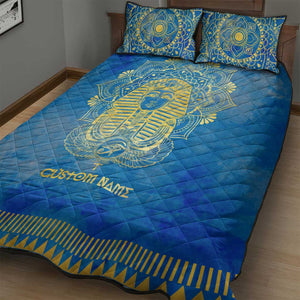 Personalized Egyptian Pharaoh Quilt Bed Set with Mandala and Eye of Horus in Blue