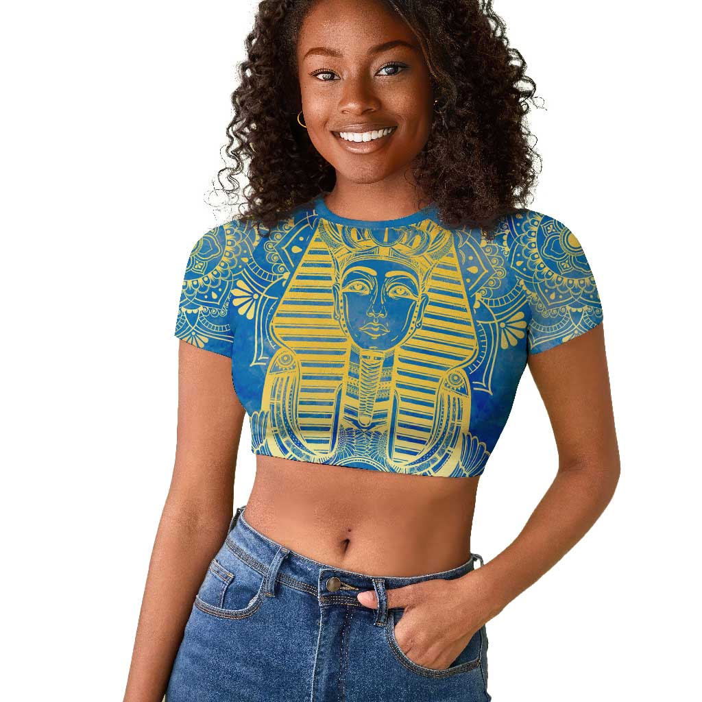 Personalized Egyptian Pharaoh Raglan Cropped T shirt with Mandala and Eye of Horus in Blue