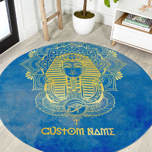 Personalized Egyptian Pharaoh Round Carpet with Mandala and Eye of Horus in Blue