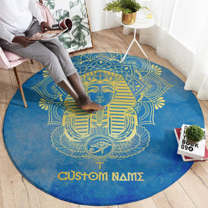 Personalized Egyptian Pharaoh Round Carpet with Mandala and Eye of Horus in Blue