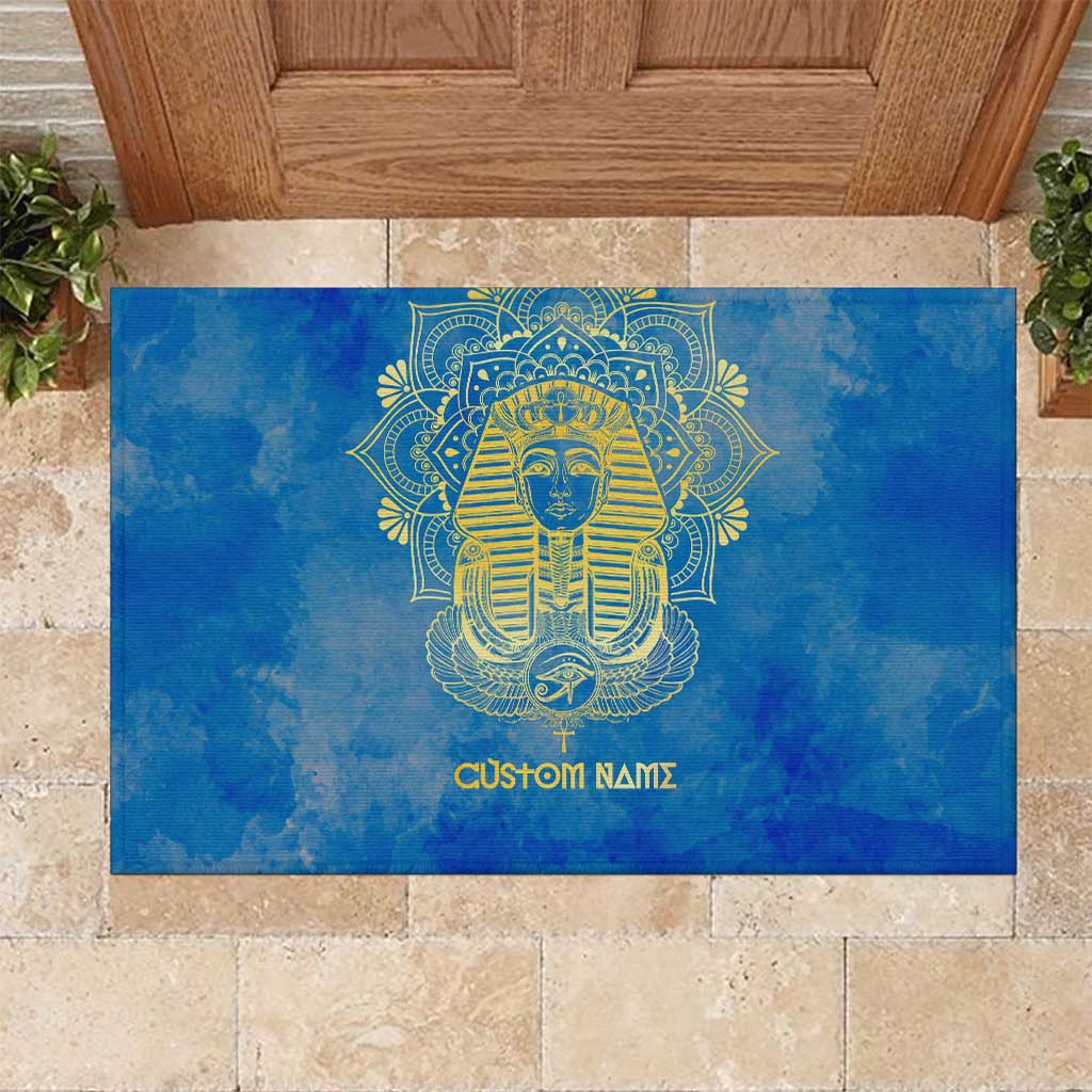 Personalized Egyptian Pharaoh Rubber Doormat with Mandala and Eye of Horus in Blue