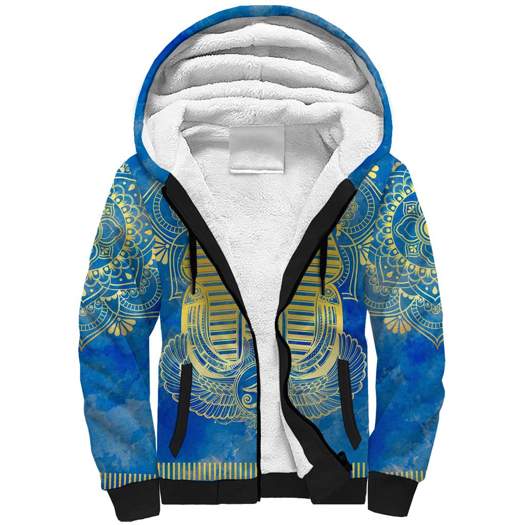 Personalized Egyptian Pharaoh Sherpa Hoodie with Mandala and Eye of Horus in Blue