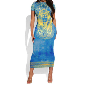 Personalized Egyptian Pharaoh Short Sleeve Bodycon Dress with Mandala and Eye of Horus in Blue