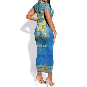 Personalized Egyptian Pharaoh Short Sleeve Bodycon Dress with Mandala and Eye of Horus in Blue