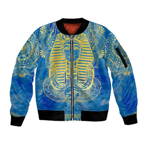 Personalized Egyptian Pharaoh Sleeve Zip Bomber Jacket with Mandala and Eye of Horus in Blue