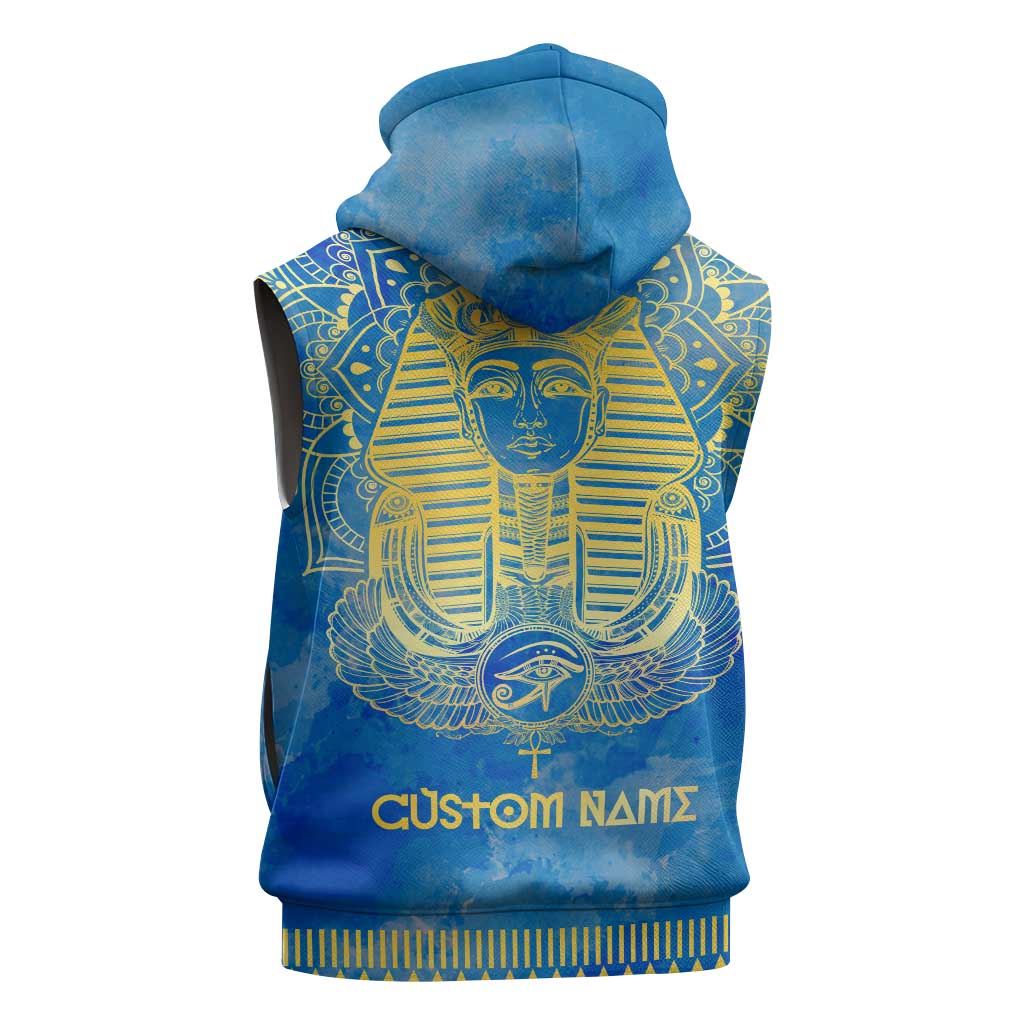 Personalized Egyptian Pharaoh Sleeveless Zip Hoodie with Mandala and Eye of Horus in Blue - African Pride