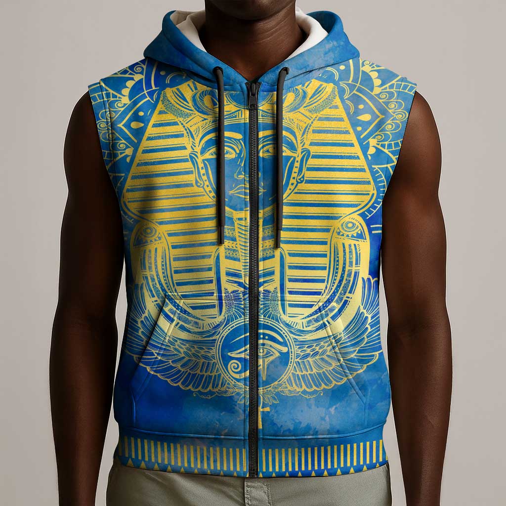 Personalized Egyptian Pharaoh Sleeveless Zip Hoodie with Mandala and Eye of Horus in Blue - African Pride