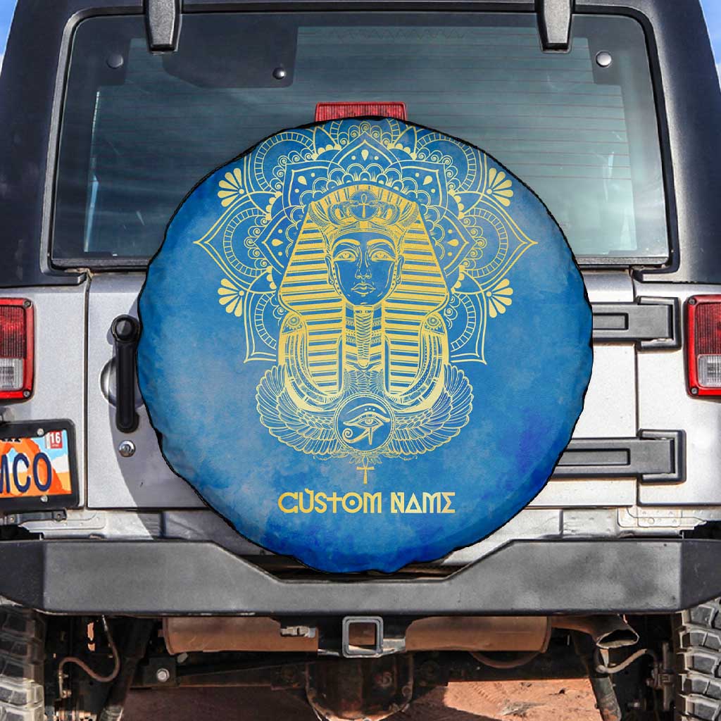 Personalized Egyptian Pharaoh Spare Tire Cover with Mandala and Eye of Horus in Blue