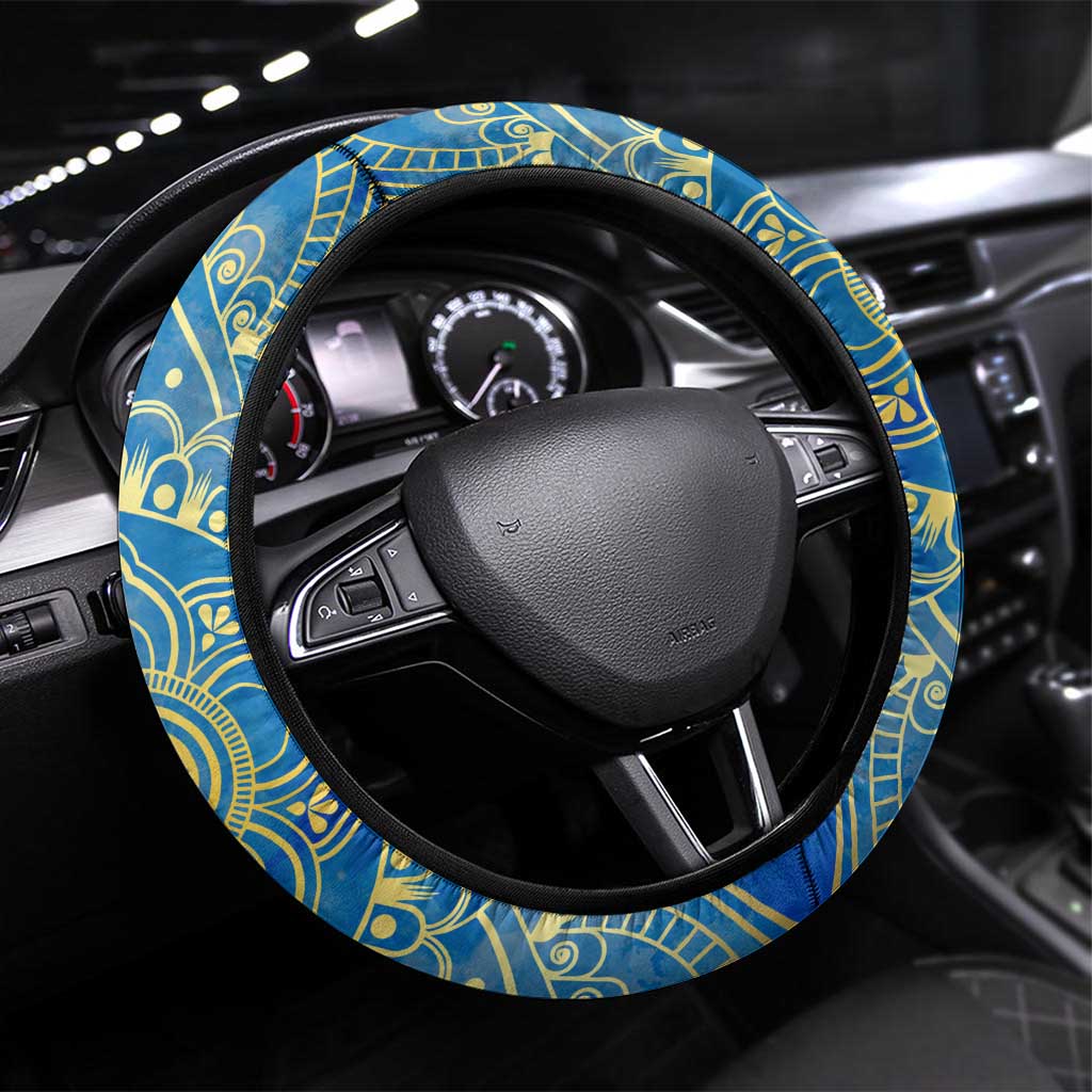 Egyptian Pharaoh Steering Wheel Cover with Mandala and Eye of Horus in Blue