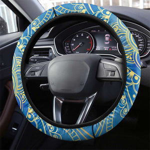 Egyptian Pharaoh Steering Wheel Cover with Mandala and Eye of Horus in Blue