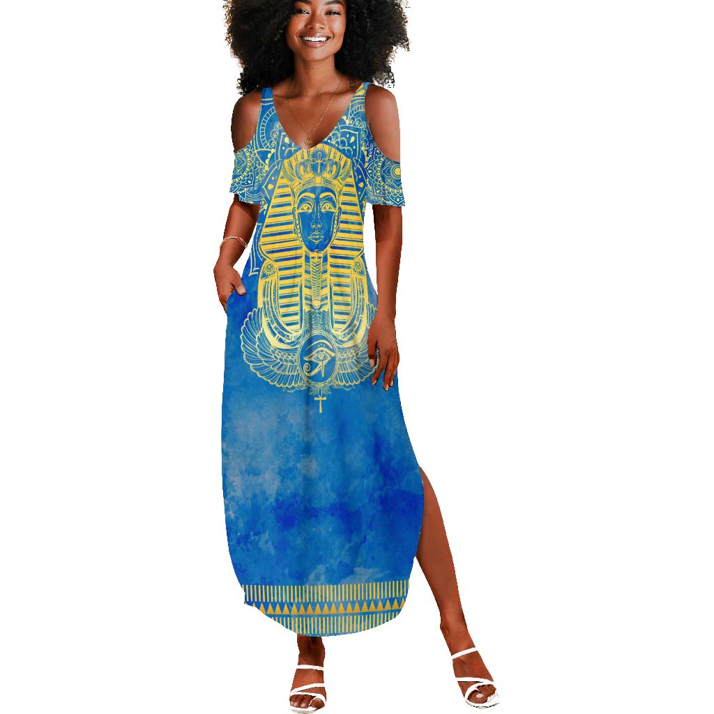 Personalized Egyptian Pharaoh Summer Maxi Dress with Mandala and Eye of Horus in Blue