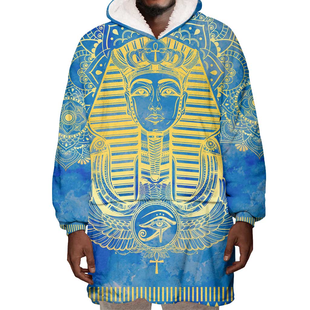 Personalized Egyptian Pharaoh Wearable Blanket Hoodie with Mandala and Eye of Horus in Blue