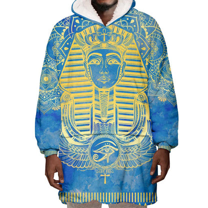 Personalized Egyptian Pharaoh Wearable Blanket Hoodie with Mandala and Eye of Horus in Blue