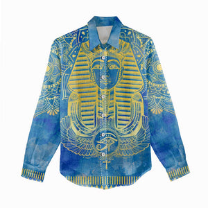 Personalized Egyptian Pharaoh Women Casual Shirt with Mandala and Eye of Horus in Blue