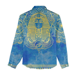 Personalized Egyptian Pharaoh Women Casual Shirt with Mandala and Eye of Horus in Blue