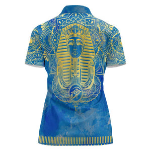 Personalized Egyptian Pharaoh Women Polo Shirt with Mandala and Eye of Horus in Blue