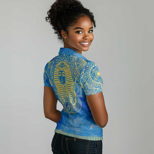 Personalized Egyptian Pharaoh Women Polo Shirt with Mandala and Eye of Horus in Blue