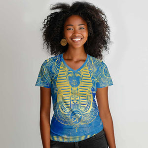 Personalized Egyptian Pharaoh Women V-Neck T-Shirt with Mandala and Eye of Horus in Blue