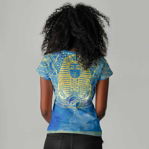 Personalized Egyptian Pharaoh Women V-Neck T-Shirt with Mandala and Eye of Horus in Blue