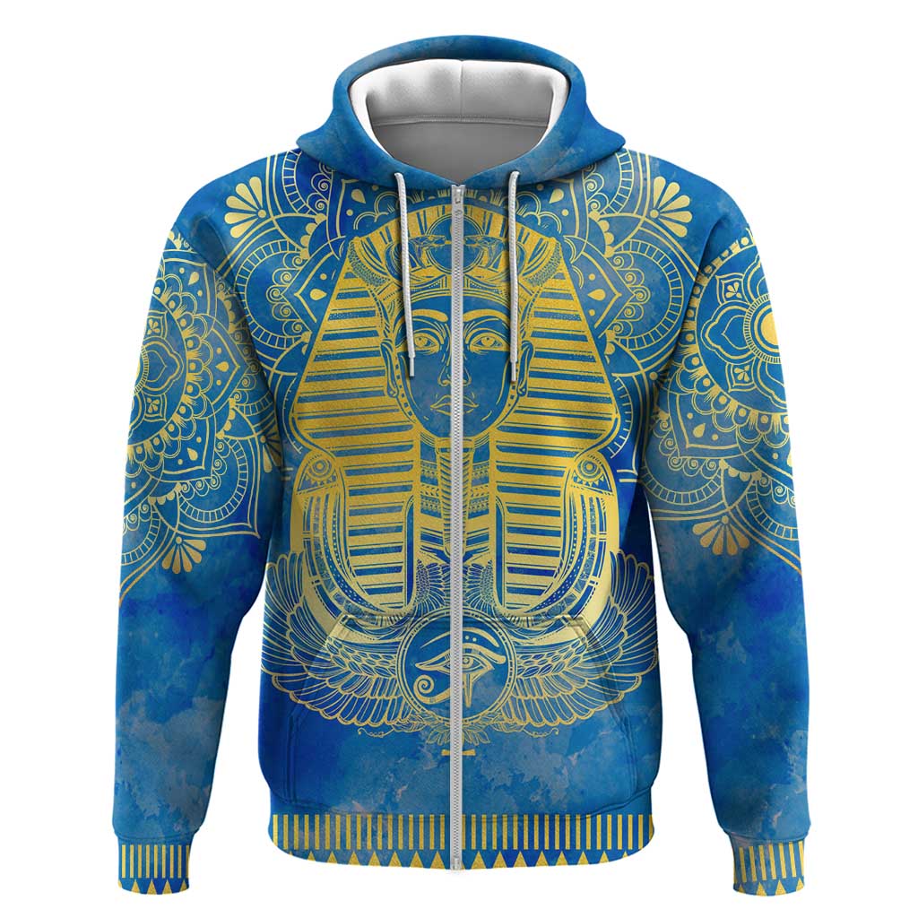 Personalized Egyptian Pharaoh Zip Hoodie with Mandala and Eye of Horus in Blue