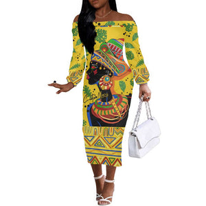 Personalized African Woman Off The Shoulder Long Sleeve Dress Tropical Style