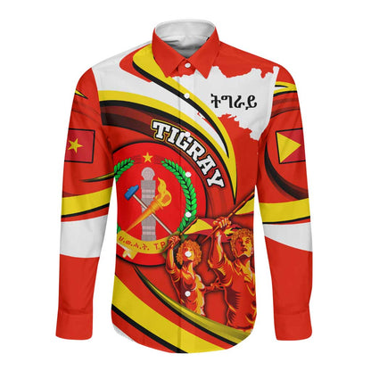 Ethiopia Tigray Long Sleeve Button Shirt Revolution Emblem Freedom Fighters and Flag